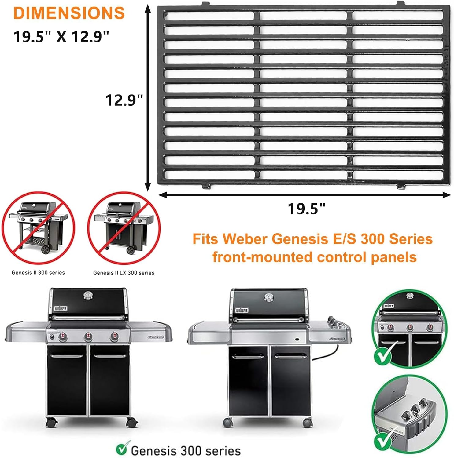 Uniflasy 19.5" Porcelain Enameled Cast Iron Grill Grates for Weber Genesis 300 Series, Genesis E310 E320 E330 S310 S320 S330 Gas Grills, Non-Stick Polished Grill Grates Replacement for Weber 7524 7528