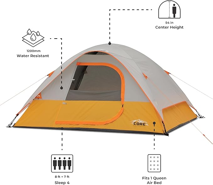 CORE Tent for Family Camping, Hiking and Backpacking | 3 Person / 4 Person / 6 Person / 9 Person Person Dome Camp Tents with Included Tent Gear Loft for Outdoor Accessories