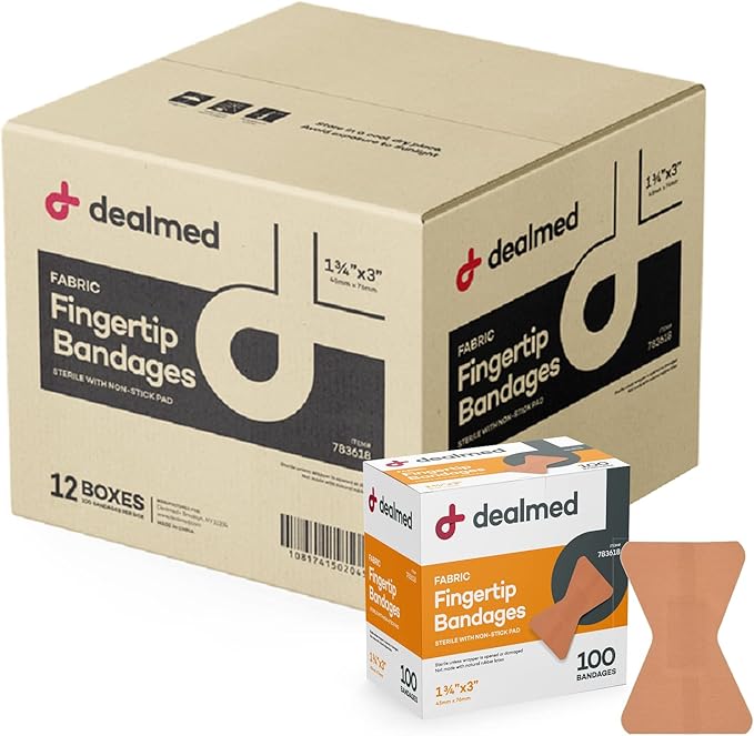 Dealmed Fabric Fingertip Flexible Adhesive Bandages – 100 Count (12 Pack) Bandages with Non-Stick Pad, Latex Free, Wound Care for First Aid Kit, 1-3/4" x 3"