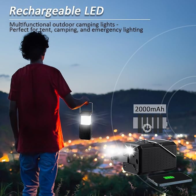 2 Pack Camping Lantern Rechargeable, Hand Crank & Solar Camping Lights with USB Output, Tent Lights for Camping, Portable Camp Lamp, Camping Hurricane Home Power Failure Essentials (Black, 2 Pack)