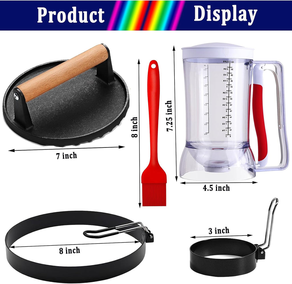 8-Piece Griddle Breakfast Kit for Blackstone - Complete Set of Griddle Accessories,Pancake Batter Dispenser, Bacon Press,Egg Rings and Basting Brush Included