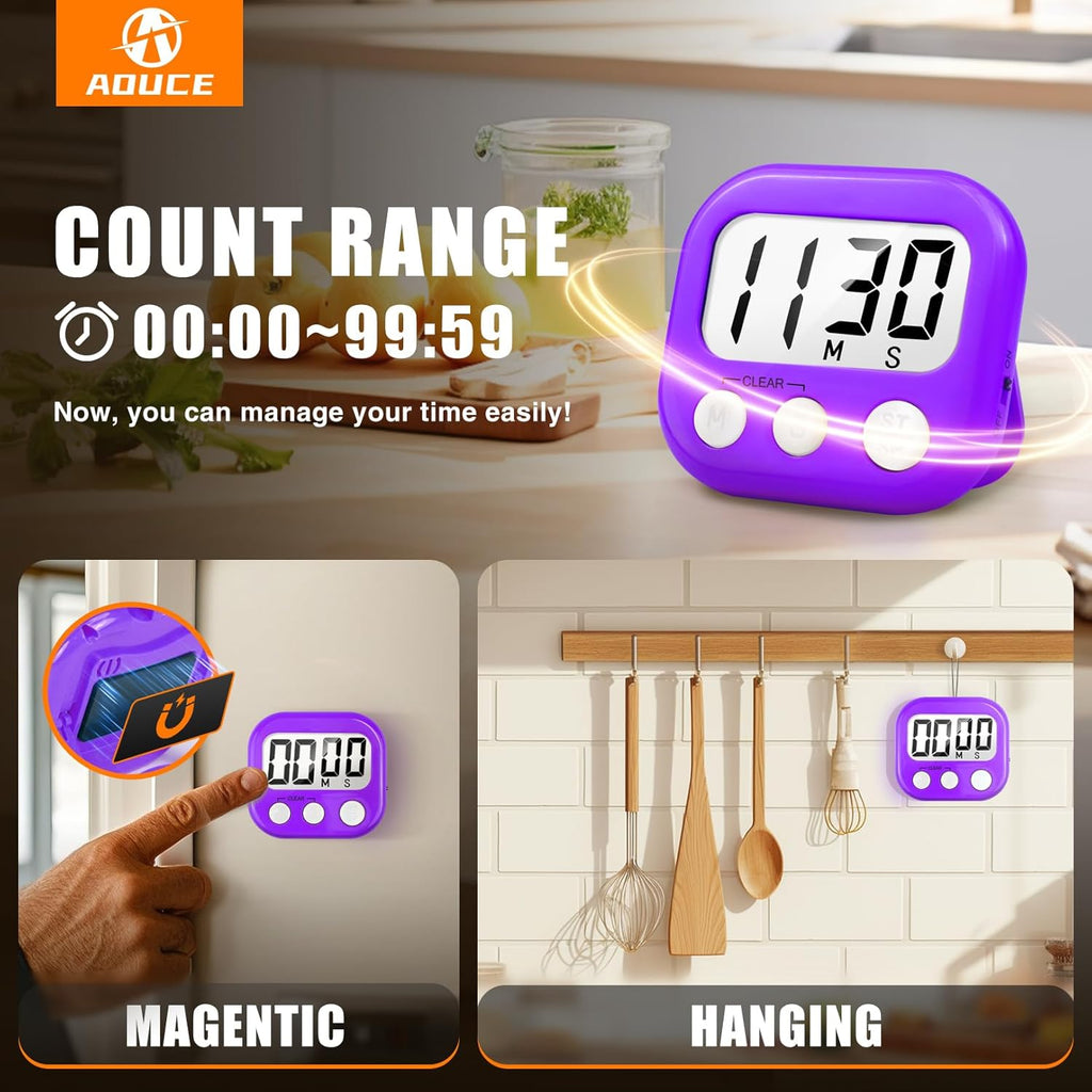 2 Pack Digital Kitchen Timer for Cooking Big Digits Loud Alarm Magnetic Backing Stand Cooking Timers for Baking Purple