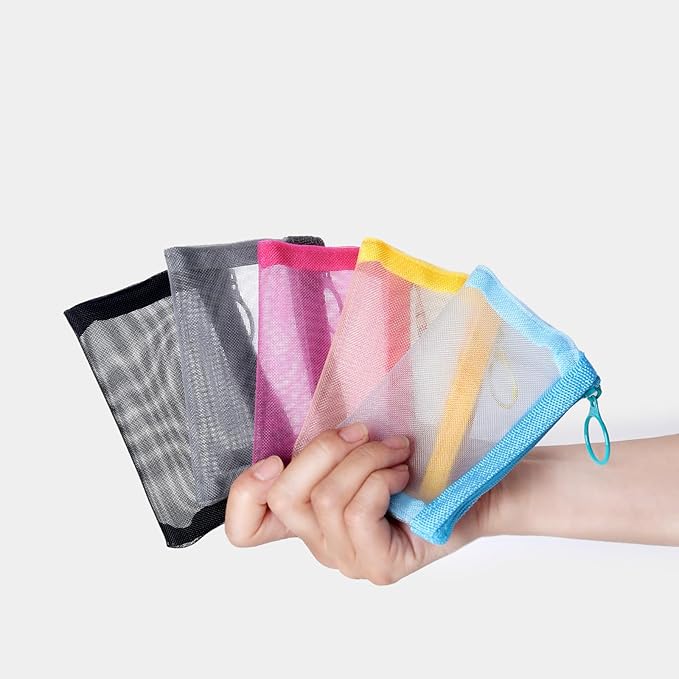 Patu Mini Zipper Mesh Bags, 3" x 4", Size XS / A8, 5 Pieces, Keychain Pouch Key Holder, Coin Purse, Clear Travel Kit Small Item Cosmetic Organizer, Assorted Colors
