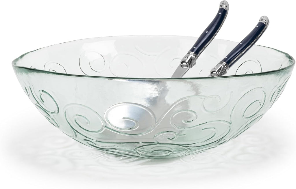 French Home Recycled Glass Celebration Salad Bowl Set – Salad Bowls with Laguiole Navy Handle Salad Servers – Elegant Kitchen Set for Your Hosting Essentials
