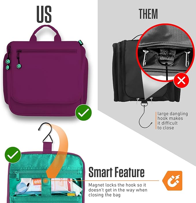 VENTURE 4TH Hanging Travel Toiletry Bag for Women & Men - Travel Organizer with Expandable Compartments & Removable Clear Pouch for Toiletries (Purple/Mint)