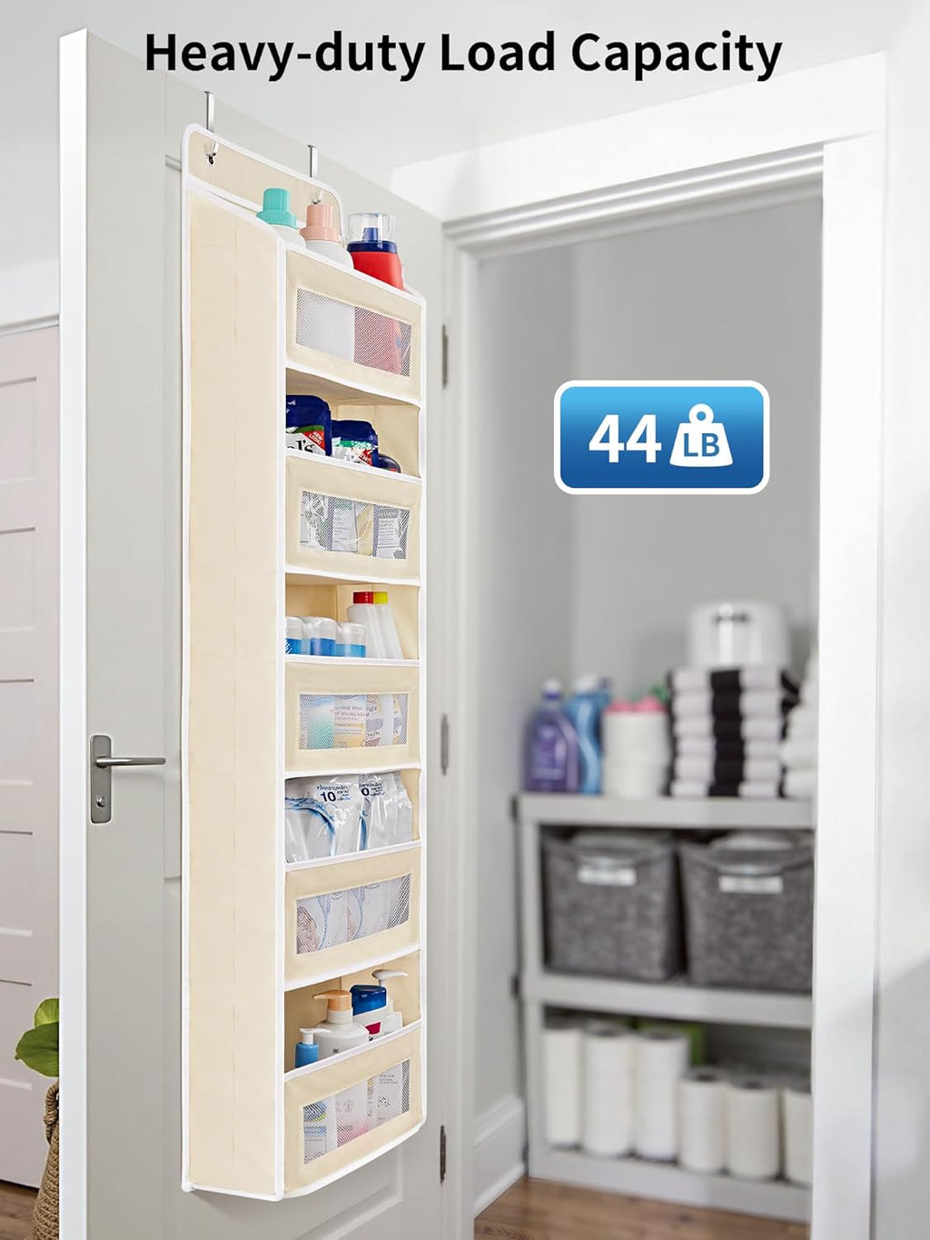 JARLINK 2 Pack Over The Door Organizer Storage, 5 Shelf Hanging Door Organizer with 5 Large Capacity Pockets, Anti Tilt 44 lb Load Behind Door Storage for Bedroom, Bathroom, Pantry, Nursery, (Beige)