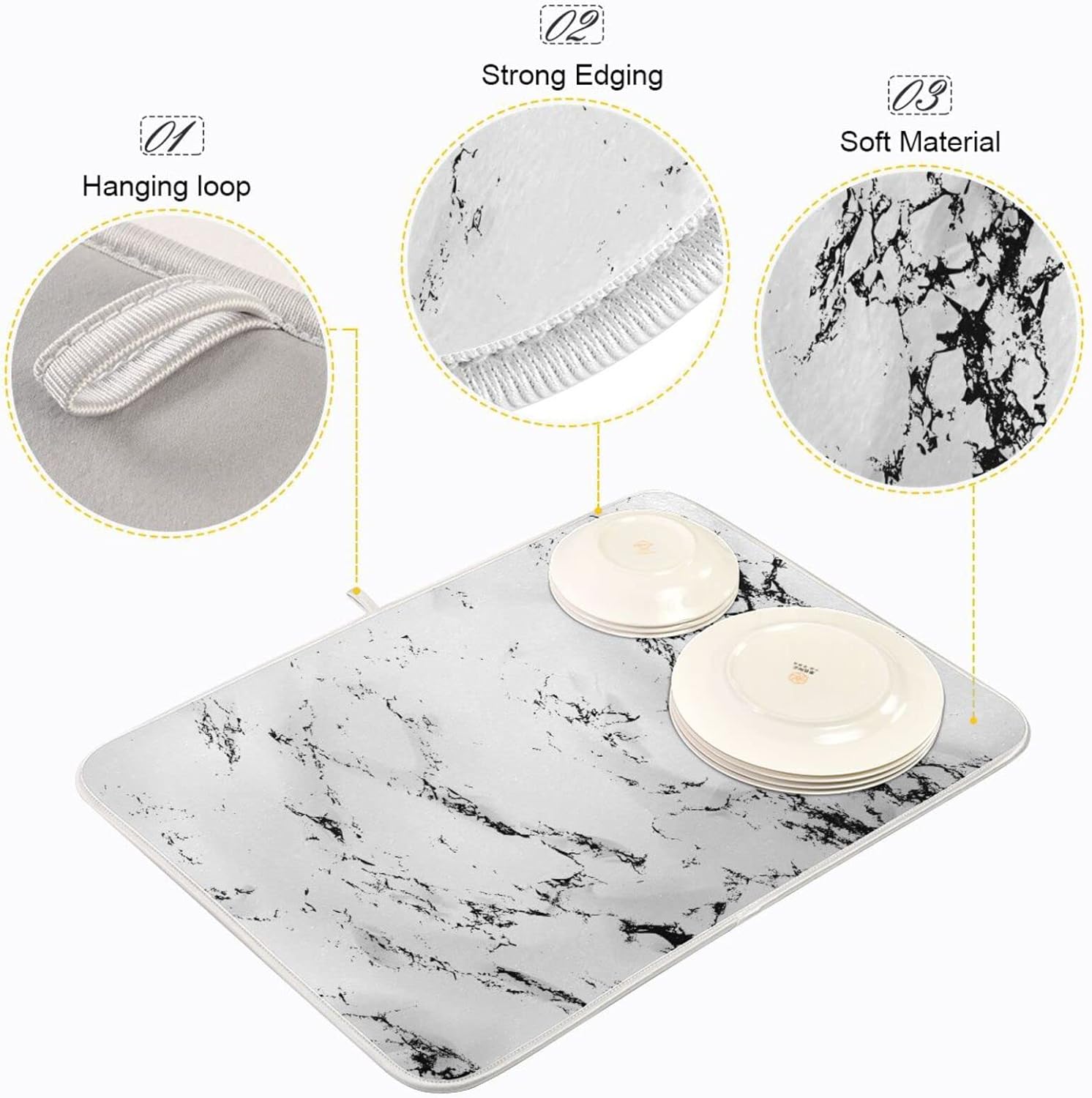 Super Absorbent Dish Drying Mat, Microfiber Fast-Drying Dish Mat, 24" x 18", Kitchen Dish Drying Pad, White Marble