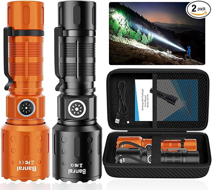 Flashlights High Lumens Rechargeable, 20000 Lumens Super Bright 1500 Meters Long Range Small Powerful Flashlight, 6 Modes LED Tactical Pocket Waterproof Flash Light for Camping (2, Black/Orange)