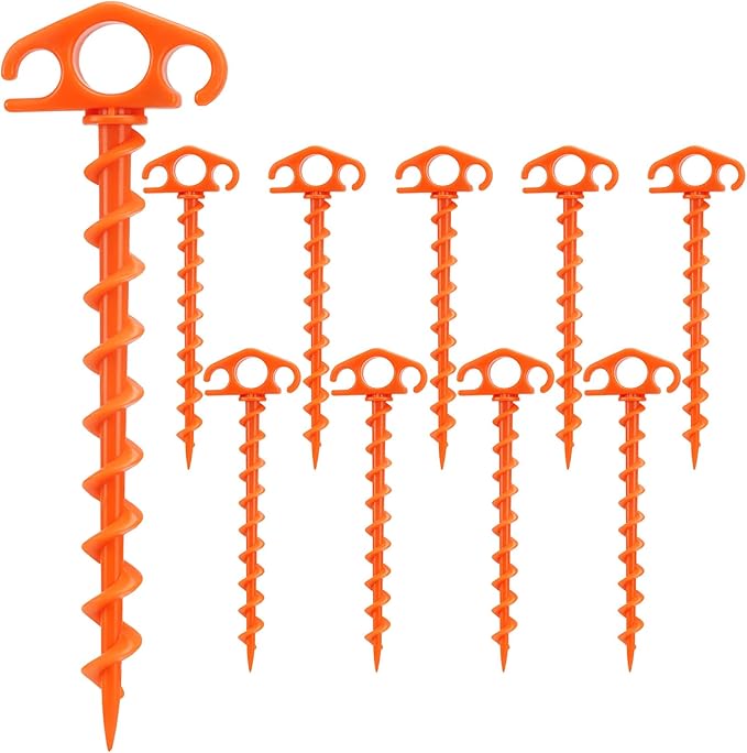 Tent Stakes Sand Stakes for Beach Tent Spiral Anchor Stakes 9.4 Inch Heavy Duty Screw Canopy Stakes for Camping, Hiking and More (10, Orange)