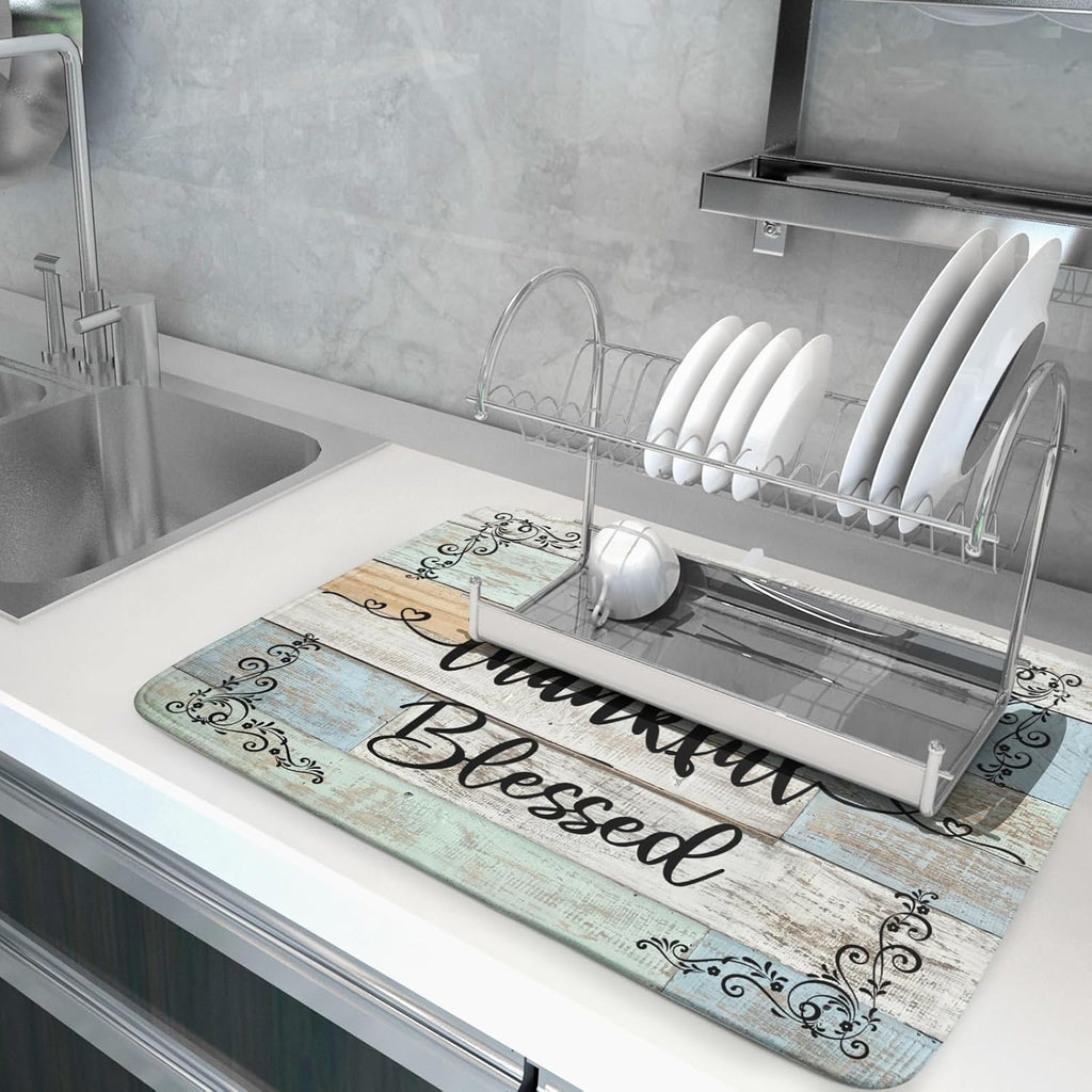 Rustic Wood Dish Drying Mat 18x24 Inch Grateful Thankful Blessed Kitchen Drainer Mats Absorbent Microfiber Rack Holder Countertop Pad