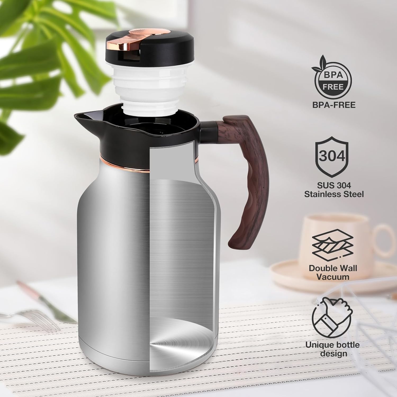 54oz Thermal Coffee Carafe, Stainless Steel Insulated Vacuum Carafe, Carafes for Keeping Hot, for Hot Water, Tea, Cold Drinks (Silver)