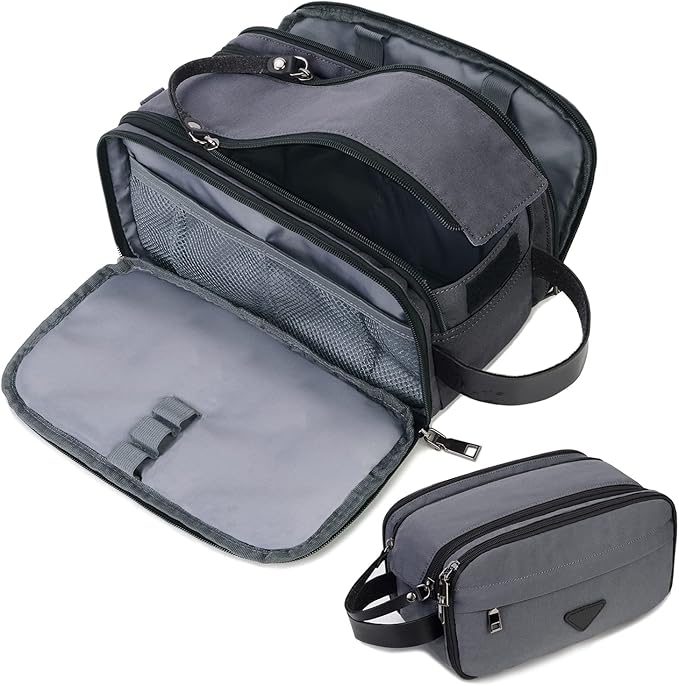 Mens Toiletry Bag Travel Leather Toiletry Organizer Dopp Kit for Men Water-resistant Shaving Bag for Bathroom (Grey)