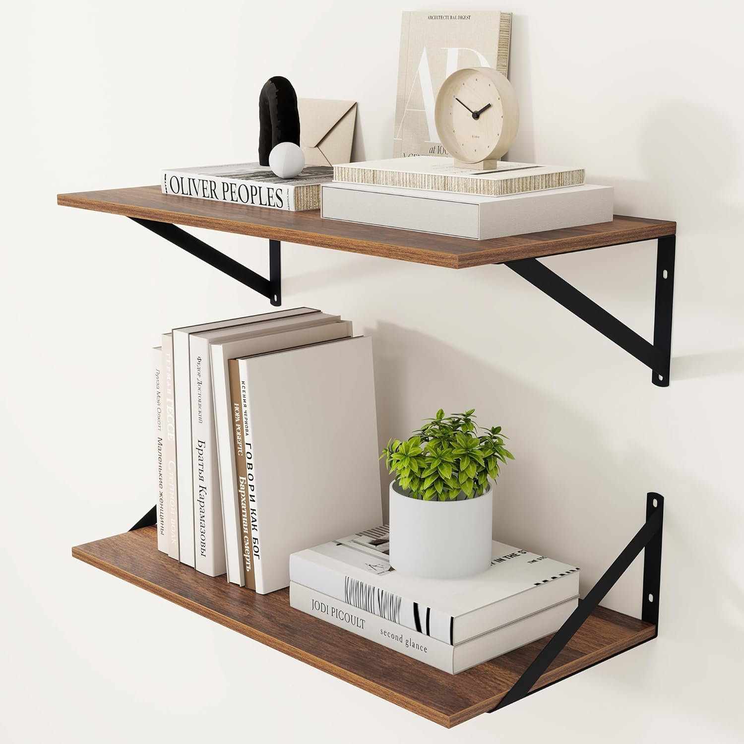 Heimlove 12 Inch Deep Floating Shelves for Wall, 24W x 12D Wood Wall Shelves Set of 2, Walnut Wide Floating Bookshelf for Living Room, Kitchen, Office, Bedroom, with Black Metal Bracke - Walnut