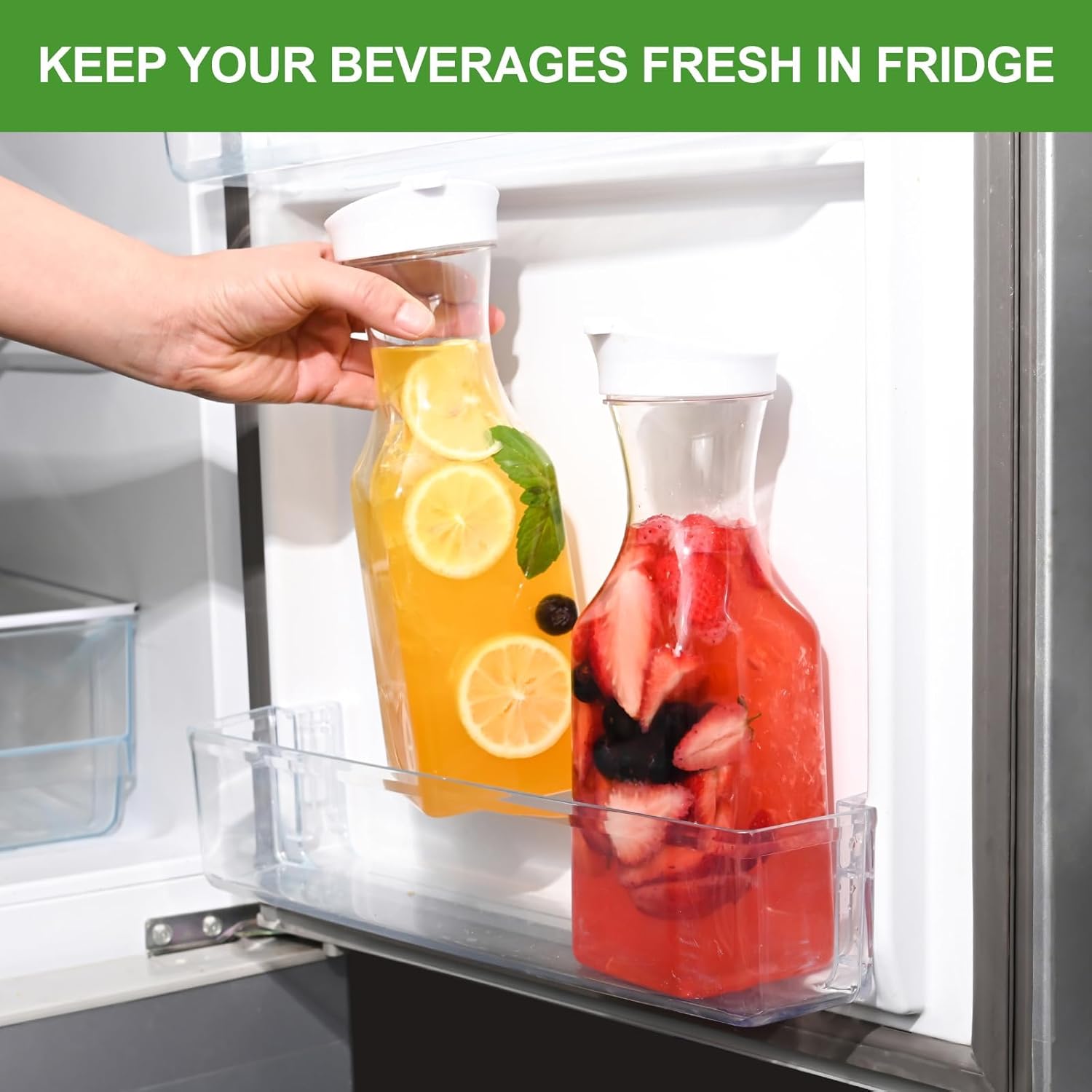 Set of 8 Plastic Carafe with Lid, 1 Liter Carafes for Mimosa Bar，Large Square Base Juice Containers, Water Bottle, Milk Container, Clear Beverage Containers for Fridge