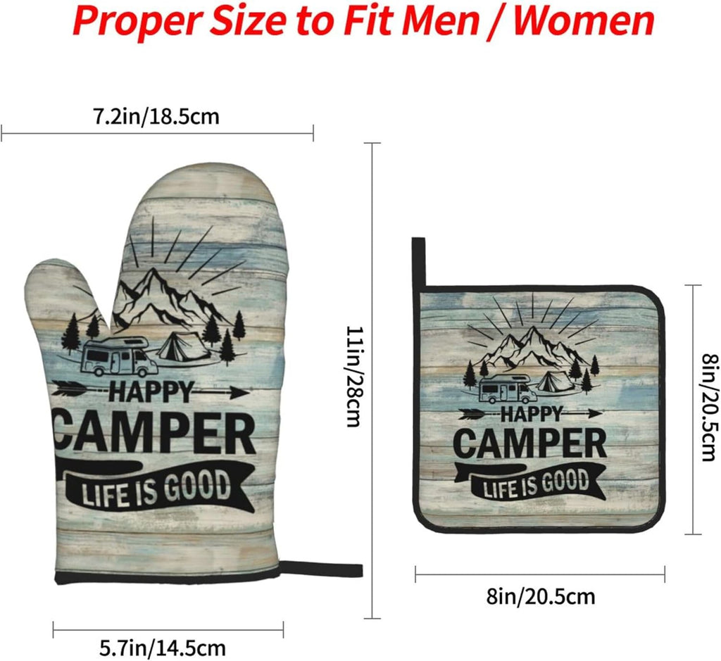 Happy Camper Oven Mitts and Pot Holders Sets of 4,Resistant Hot Pads with Polyester Non-Slip BBQ Gloves for Kitchen,Cooking,Baking,Grilling