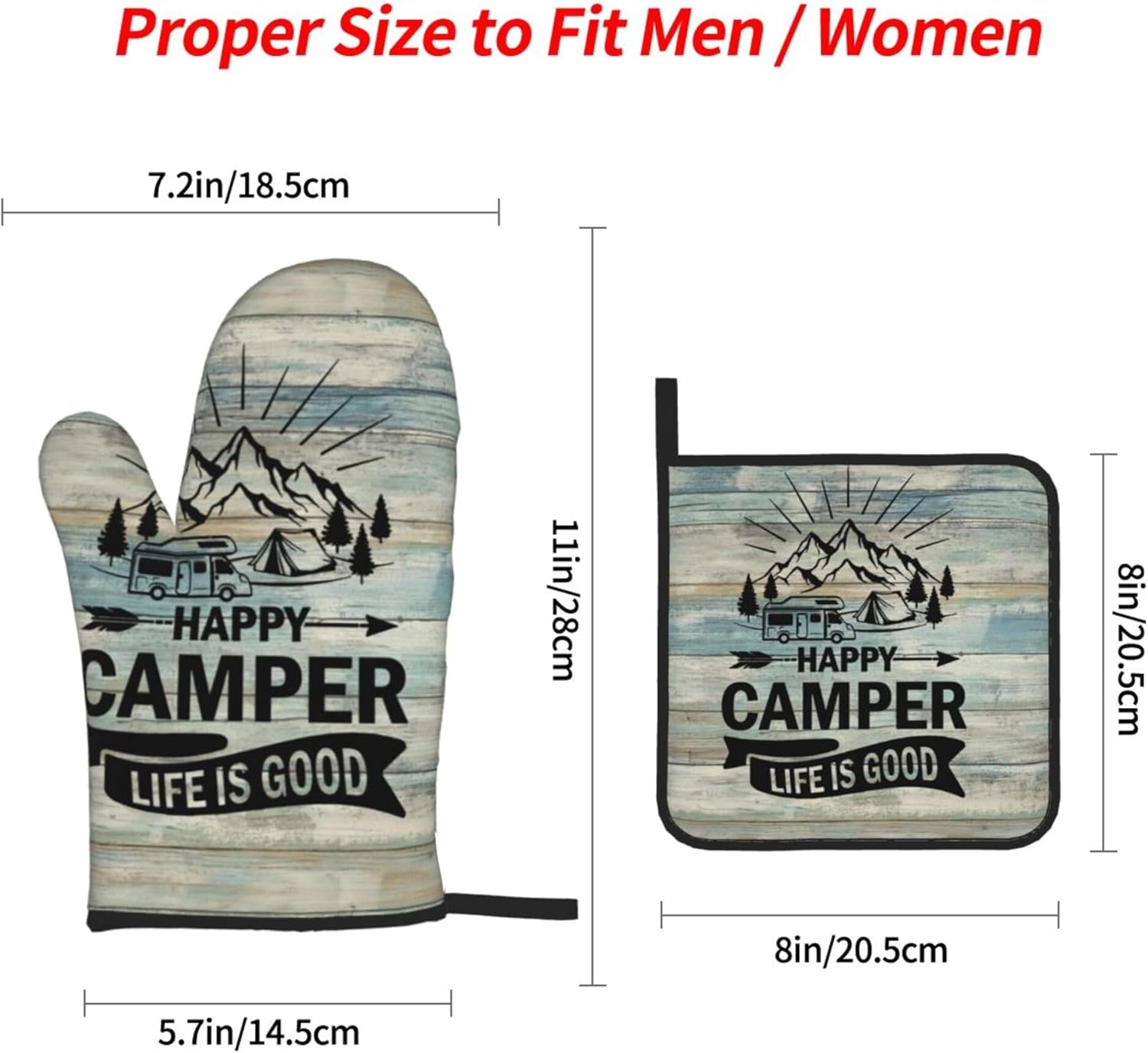 Happy Camper Oven Mitts and Pot Holders Sets of 4,Resistant Hot Pads with Polyester Non-Slip BBQ Gloves for Kitchen,Cooking,Baking,Grilling