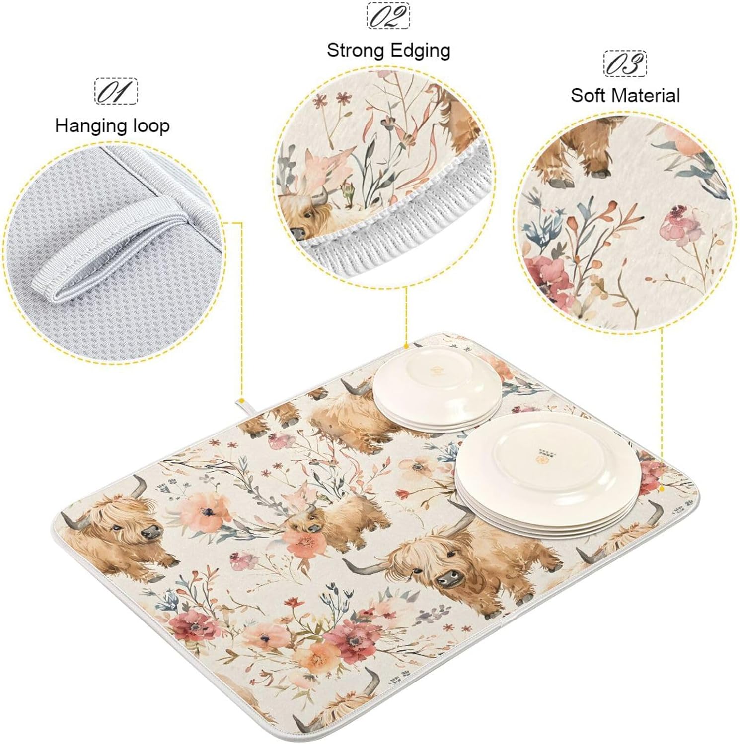 Cute Highland Cows Flowers Dish Drying Mat for Kitchen Counter Absorbent Microfiber Drying Pad, Medium 16x18 in, Reversible Drainer Mats