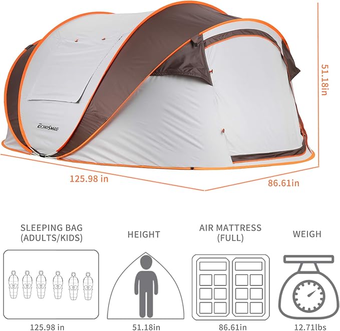 EchoSmile Camping Instant Pop Up Tent, 2/4/6/8/10 Person, Water Resistant Dome, Easy Setup for Camping Hiking and Outdoor, Portable with Carry Bag, 3 Season