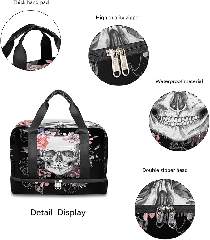 Skull Travel Duffel Bag, Floral Skull Weekender Overnight Bag Large Carry On Bag, Waterproof Sports Gym Bag Tote Workout Duffel Bag for Men Women