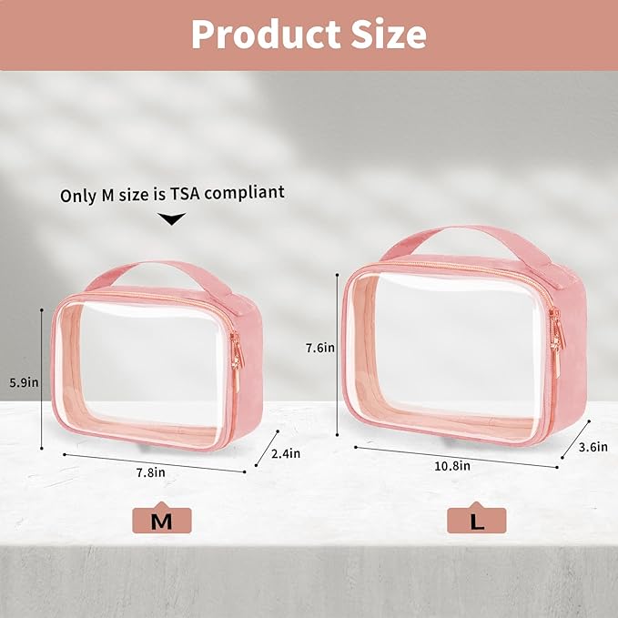 TSA Approved Travel Toiletry Bag,2 Pack Clear Makeup Bags with Handles,Quart Size Clear Cosmetic Bags for Traveling Women,Men,Carry on Airport Airline Compliant Bag,Pink