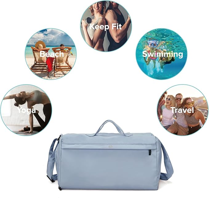 Sports Gym Bag for Women, Travel Workout Duffel Overnight Shoulder Bags with Shoes Compartment and Wet Pocket Lightweight Weekend Waterproof Blue