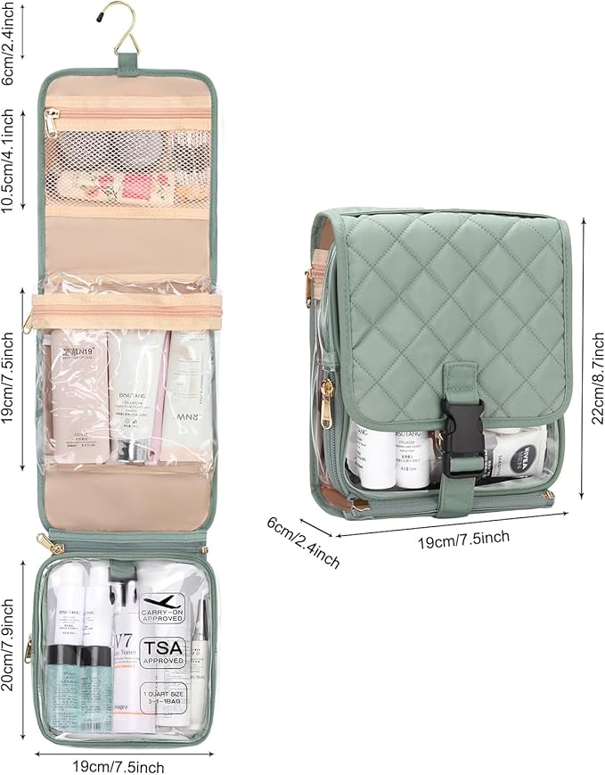 Relavel Travel Toiletry Bag for women with Detachable TSA Approved Toiletry Bag, Compact Hanging toiletry bag with Small Carry On 3-1-1 Clear Waterproof Travel Bags for Toiletries (Green, A Small)