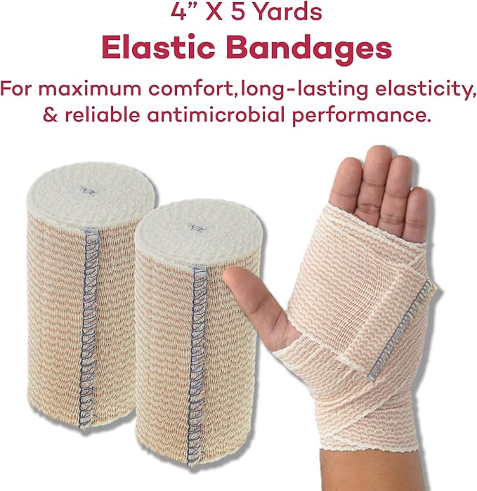 Dealmed 4" Elastic Bandage Wrap with Self-Closure – 2 Elastic Bandages, 5 Yards Stretched Compression Bandage Wrap, Wound Care Product for First Aid Kit and Medical Facilities