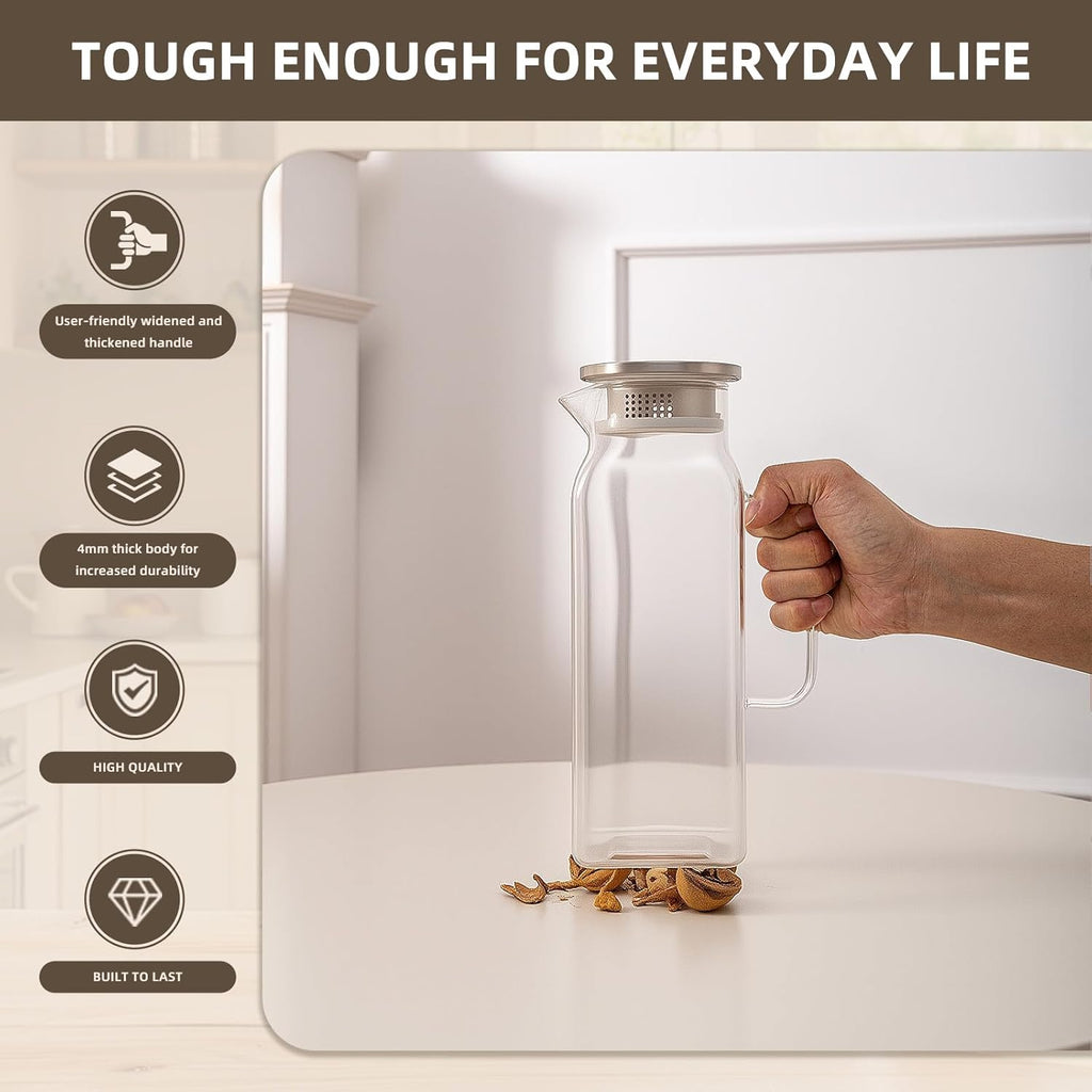 Glass Water Pitcher with Lid and Spout, 2L/68 Ounces Heat Resistant Borosilicate Glass Carafe, Temperature Safe