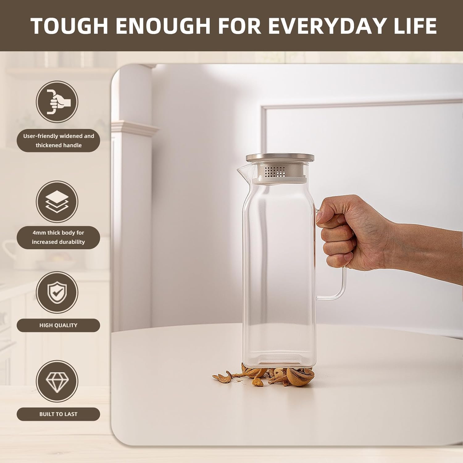 2 Pack Square Glass Water Pitcher with Lid and Spout, 2L/68oz Heat Resistant Borosilicate Glass Carafe, Temperature Safe