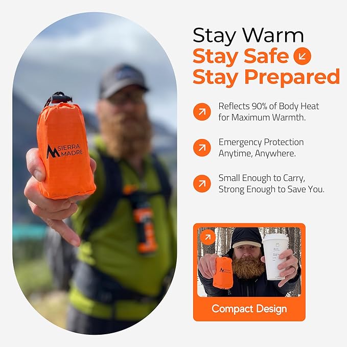 Sierra Madre Emergency Sleeping Bag – Ultralight, Waterproof Mylar Thermal Bivy Sack Tent for Hiking, Bug-Out Bags, Survival Kits – Emergency Survival Space Blanket for Heat Retention 5 Pack