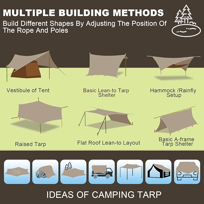 Camping Tarp, 14 X 12FT Tarp with 2 Poles, Waterproof & Lightweight Tent Tarp Car Awning, UV UPF50+ Rain Fly Sun Shelter Can Used with Hammock in Outdoor, Garden and Backpacking