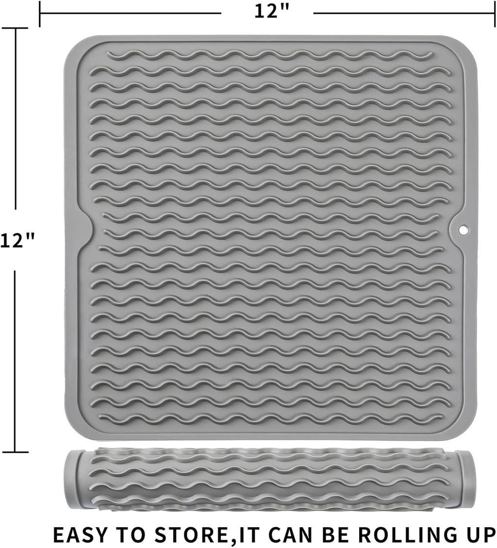 Silicone Dish Drying Mat for Multiple Usage,Easy clean,Eco-friendly,Heat-resistant Silicone Mat for Kitchen Counter or Sink,Refrigerator or Drawer liner Grey M 12 inches x 12 inches
