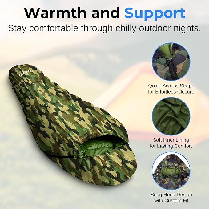 SereneLife 0 Degree Mummy Sleeping Bag – Military-Style, Lightweight & Waterproof for Extreme Cold, Stays Warm in 5–10°F, No-Snag Zipper, Compact Carry Bag & Travel Pillow for Camping & Backpacking