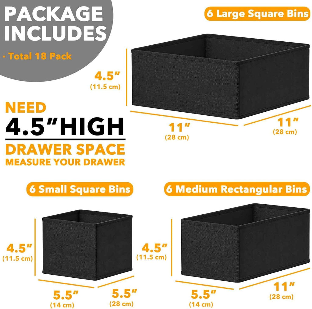 SpaceAid Drawer Organizer for Clothes, 18 Pack Dresser Drawer Organizer Bins, Closet Organizers and Storage Dividers for Clothing, Underwears, Socks (Black)