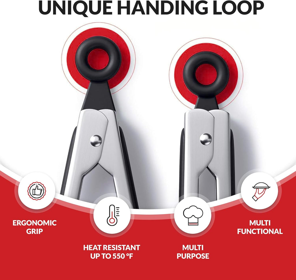 Kitchen Tongs for Cooking with Silicone Tips by Boxiki Kitchen, BPA Free Stainless Steel set of 2 Silicone Tongs for Cooking, Grilling & Toss a Salad, Heat Resistant Grill Tongs for Serving Food.