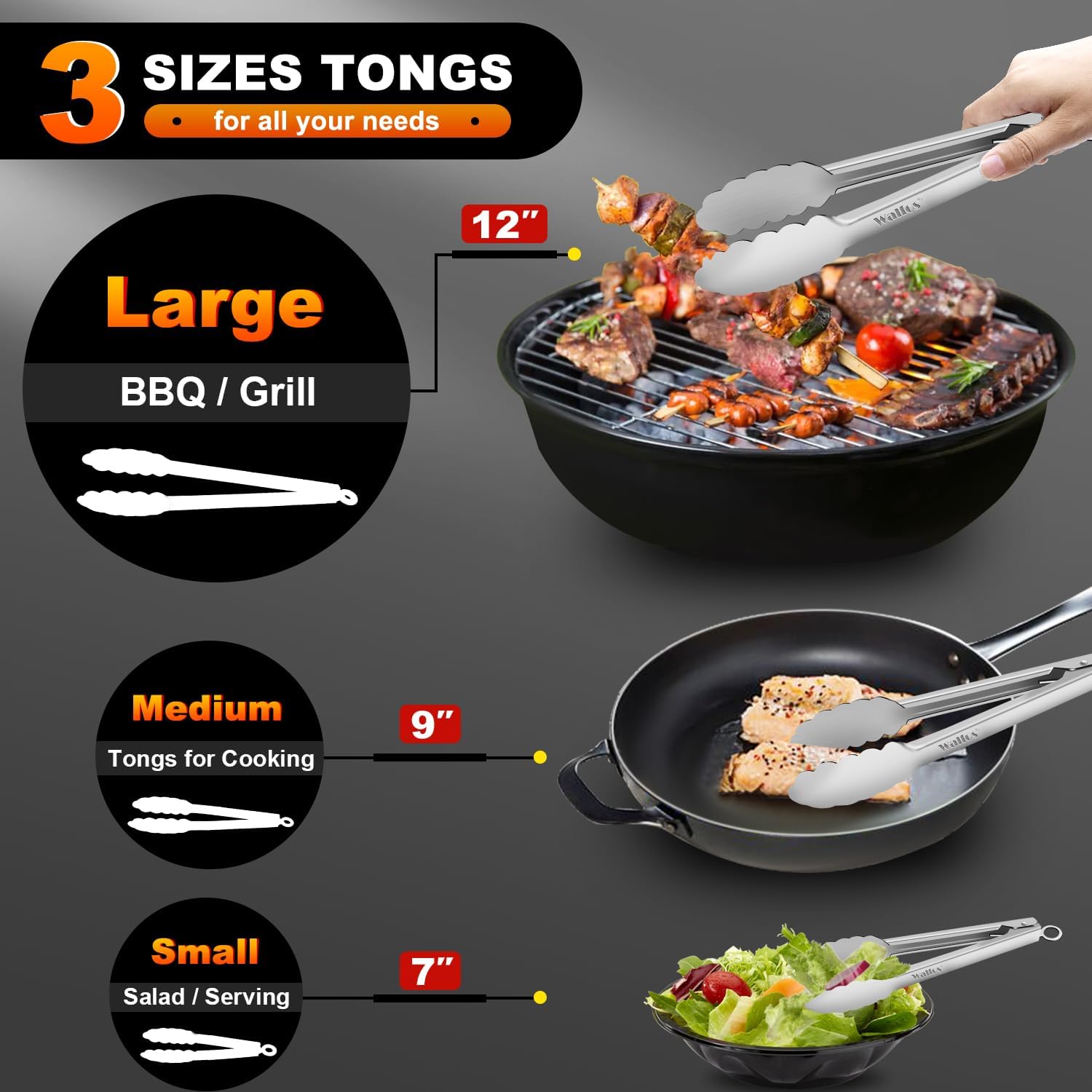 Walfos Stainless Steel Tongs, 3-Piece Set (7", 9", 12") - Heavy Duty, Heat Resistant, Non-Slip Grip, BBQ Grilling & Cooking Tongs