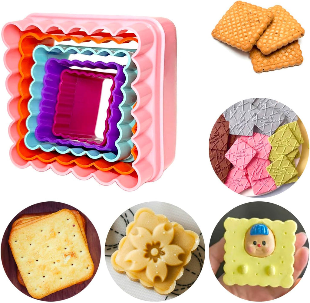 Cookie Biscuit Cutter Set, Two Side Cookie Cutters Plastic Set Multi-size Cake Fruit Vegetable Shapes Cutter Random color (Square Shaped, 5 Pack)