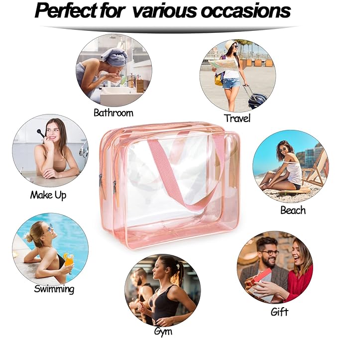 2Pcs Crystal Clear PVC Travel Toiletry Bag Kit for Women Men, Waterproof Vinyl Organizer Clear Makeup Bags with Zipper, Cosmetic Bag Pouch Carry on Airport Airline Compliant Bag Handbag (Double Layer)