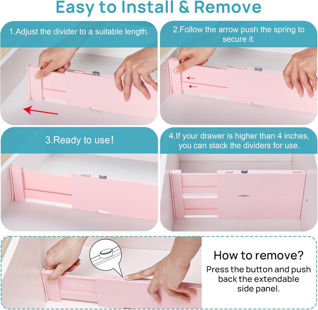 Vtopmart 8 Pack Drawer Dividers for Clothes, 4" High 11.6"-17" Adjustable Expandable Dresser Drawer Organizer, Plastic Separators for Dresser, Baby Clothes, Underwear, Kitchen & Office Storage, Pink