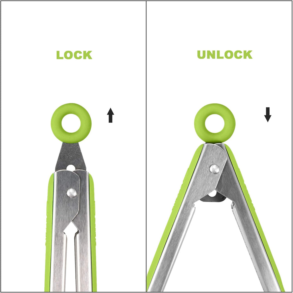 304 Stainless Steel Kitchen Cooking Tongs, 9" and 12" Set of 2 Sturdy Grilling Barbeque Brushed Locking Food Tongs with Ergonomic Grip, Green