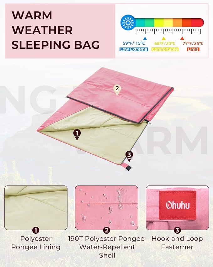 Sleeping Bag, Ohuhu Lightweight Sleeping Bag 3 Season Warm Weather Portable Compact Sleeping Bags for Adult Kids with Carry Bag for Camping Hiking Backpacking and Outdoors 59℉-77℉