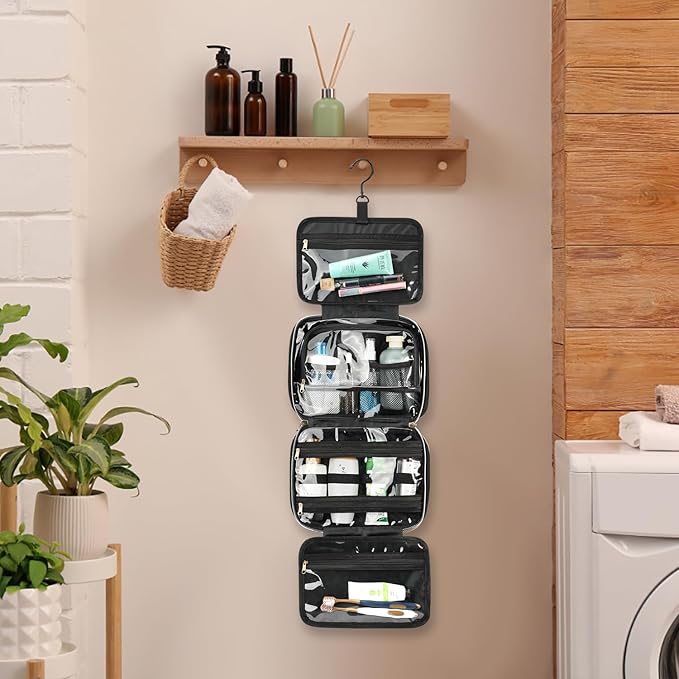 Voova Hanging Travel Toiletry Bag for Women Men, Waterproof Makeup Cosmetic Organizer Holder for Toiletries Accessories, Traveling Essentials,Shampoo,Full-Sized Container, Brushes Kit Set, Black