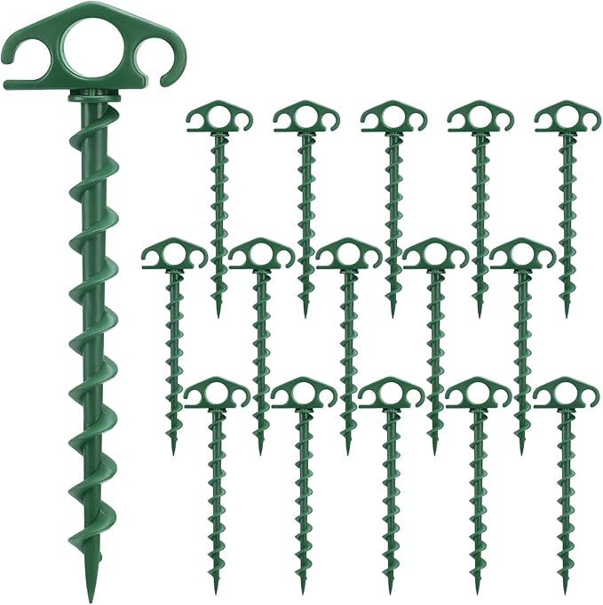 Tent Stakes Sand Stakes for Beach Tent 16 Pack Spiral Anchor Stakes 9.4 Inch Heavy Duty Screw Canopy Stakes for Camping, Hiking and More (16, Green)