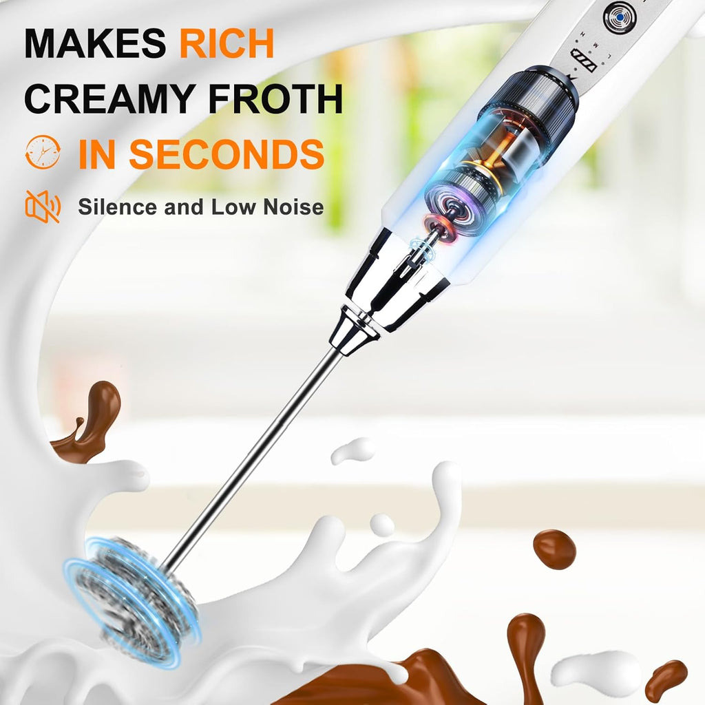 YUSWKO White Handheld Milk Frother Wand with Stand for Coffee, Rechargeable Electric Whisk with 3 Heads 3 Speeds Drink Mixer Coffee Frother For Latte, Cappuccino, Hot Chocolate, Egg