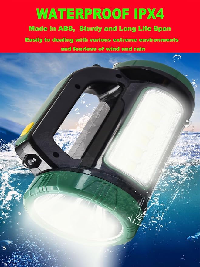 Solar LED Searchlight Spotlights, Rechargeable Super Bright 10000LM Handheld Spotlight Lantern, Multifunctional LED Lamp Camping Work Light, 6 Light Modes, Power Bank, IPX4 Waterproof