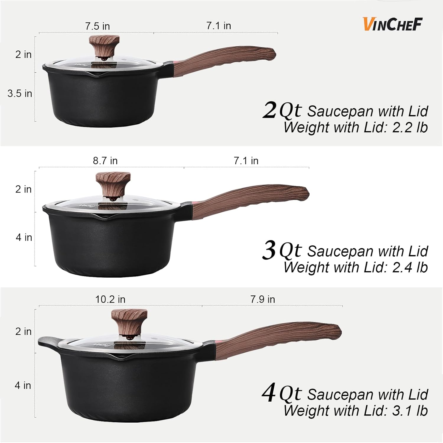 VINCHEF Sauce Pan Set with Lid 10PCS, 2QT+3QT+4QT Non Stick Sauce Pots Cooking Induction Pot set, Silicone Tools and Pot Protectors, PFAS and PFOA Free Black
