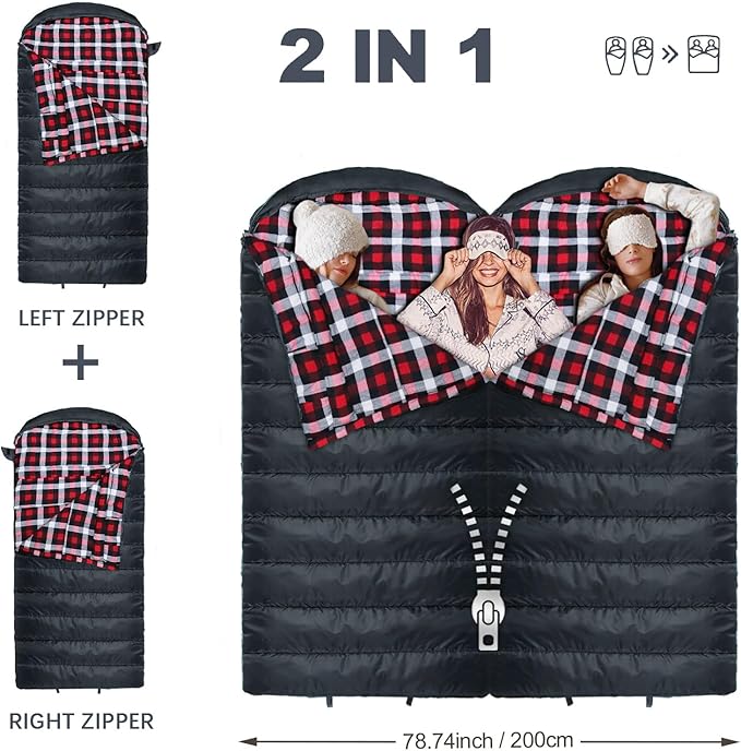 0 Degree Sleeping Bag 100% Cotton Flannel XXL Cold Weather Winter Oversized Sleeping Bag for Adults Camping Zero Degree Big and Tall with Compression Sack