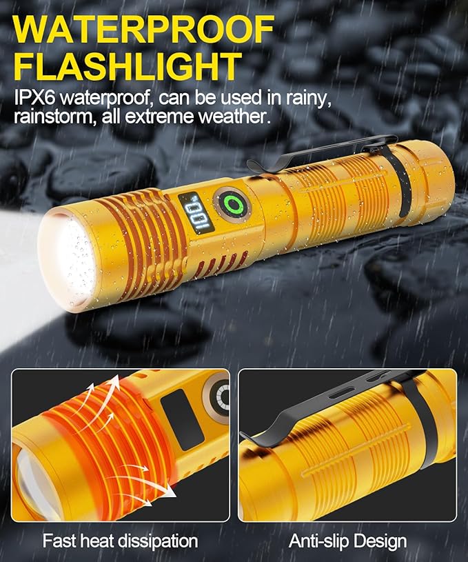 Rechargeable Flashlight High Lumens-12000LM Super Bright Magnetic Flash Light with Power Digital Display,3280Ft Long Range,Dimmable,Waterproof,Pocket Tactical LED Flashlights for Emergency,Gold 1PC
