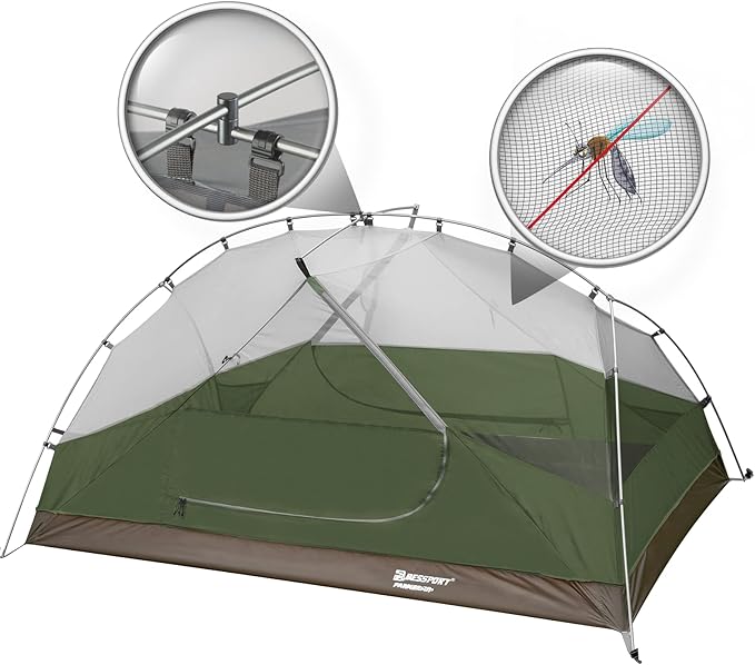 Bessport Camping Tent for 2-3 Person, Lightweight Backpacking Tent Waterproof Windproof Two Doors Easy Setup Double Layer Outdoor Tents for 3 to 4 Seasons, Suitable for Outdoor,Hiking,Camping