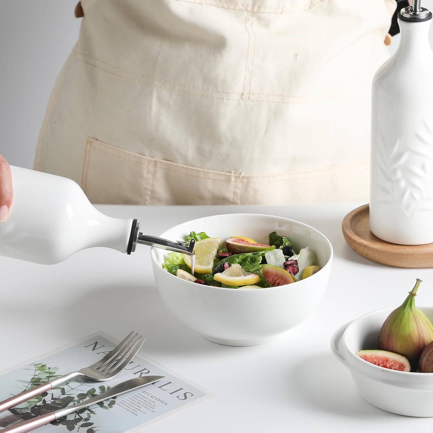 Sweejar Ceramic Olive Oil Dispenser Bottle, 20 Oz Relief Opaque Oil Cruet Protects To Reduce Oxidation, Suitable for Storage,Vinegar, Soy Sauce,Liquids,Set of 2 (White White)